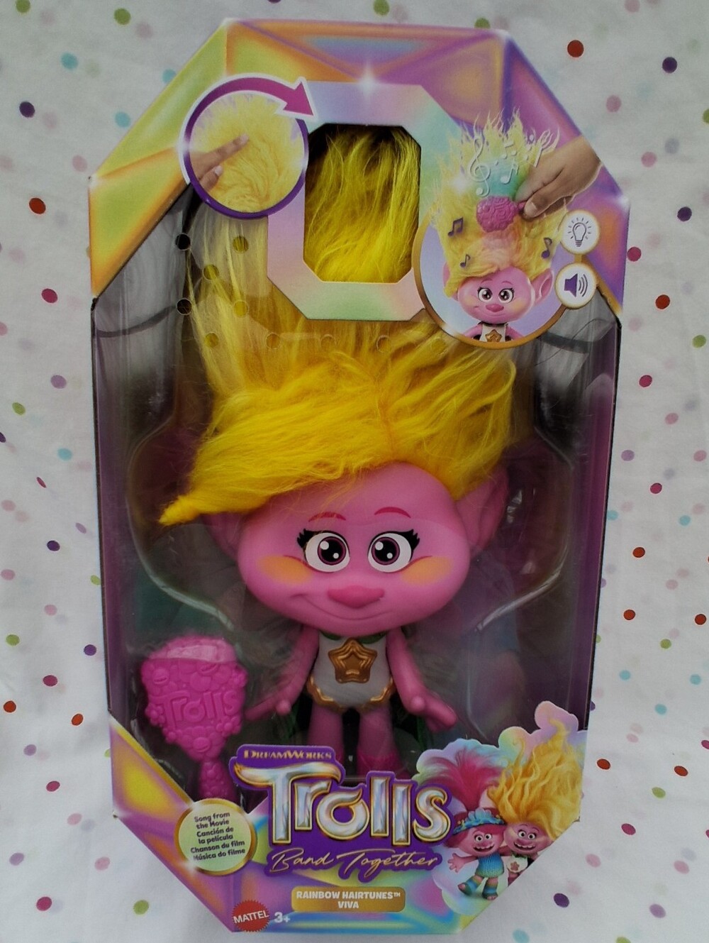 Trolls Pink Doll with Bright Yellow Hair Viva Character With Light & Sound